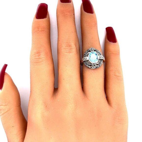 Vintage 925 Sterling Silver Marcasite Blue Topaz Ring Size  Sterling‎ Silver 925 Openwork Topaz /Marcasite Ring